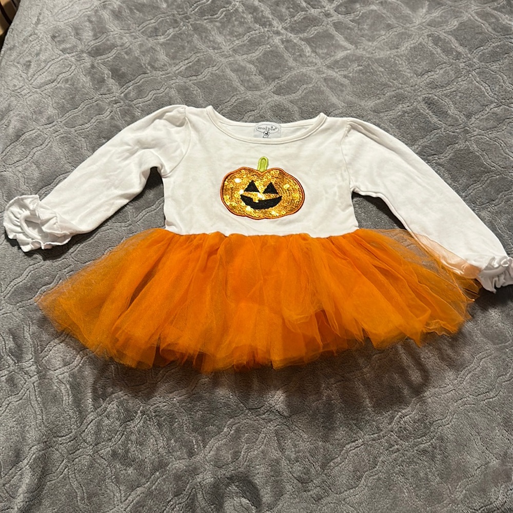 Mud Pie Halloween Pumpkin/ Jack-O-Lantern Sequin Applique Tulle Tunic Sz 12/18m